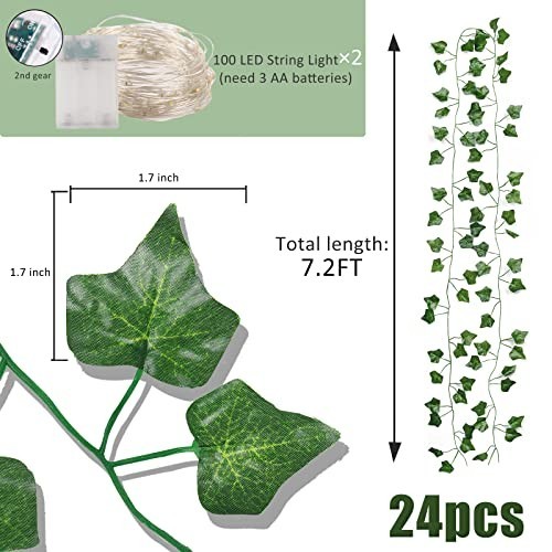 24 Pack Ivy Fake Vines 173 FT Artificial Greenery Garland with 200 LED Lights fo
