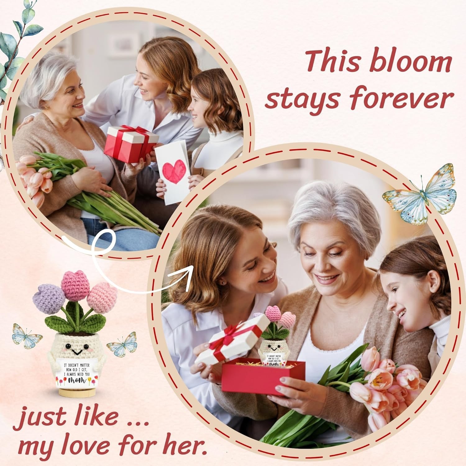 Cute Mothers Day Gift for Mom Crochet Tulip Doll Knitted Flower Birthday Gift Ma