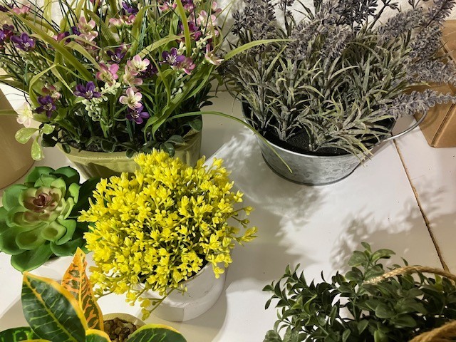 10 Artificial flowers in pots, 1 hanging 2″ to 10″ variety