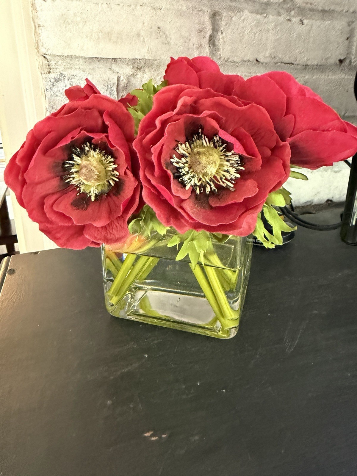 Artificial Red Poppy Floral Arrangement, Clear Glass Cube Vase, Plastic
