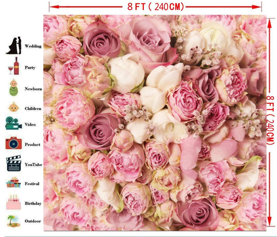 Fondo pared flores rosas 8x8ft para fotografía boda y estudio femenino, Nuevo