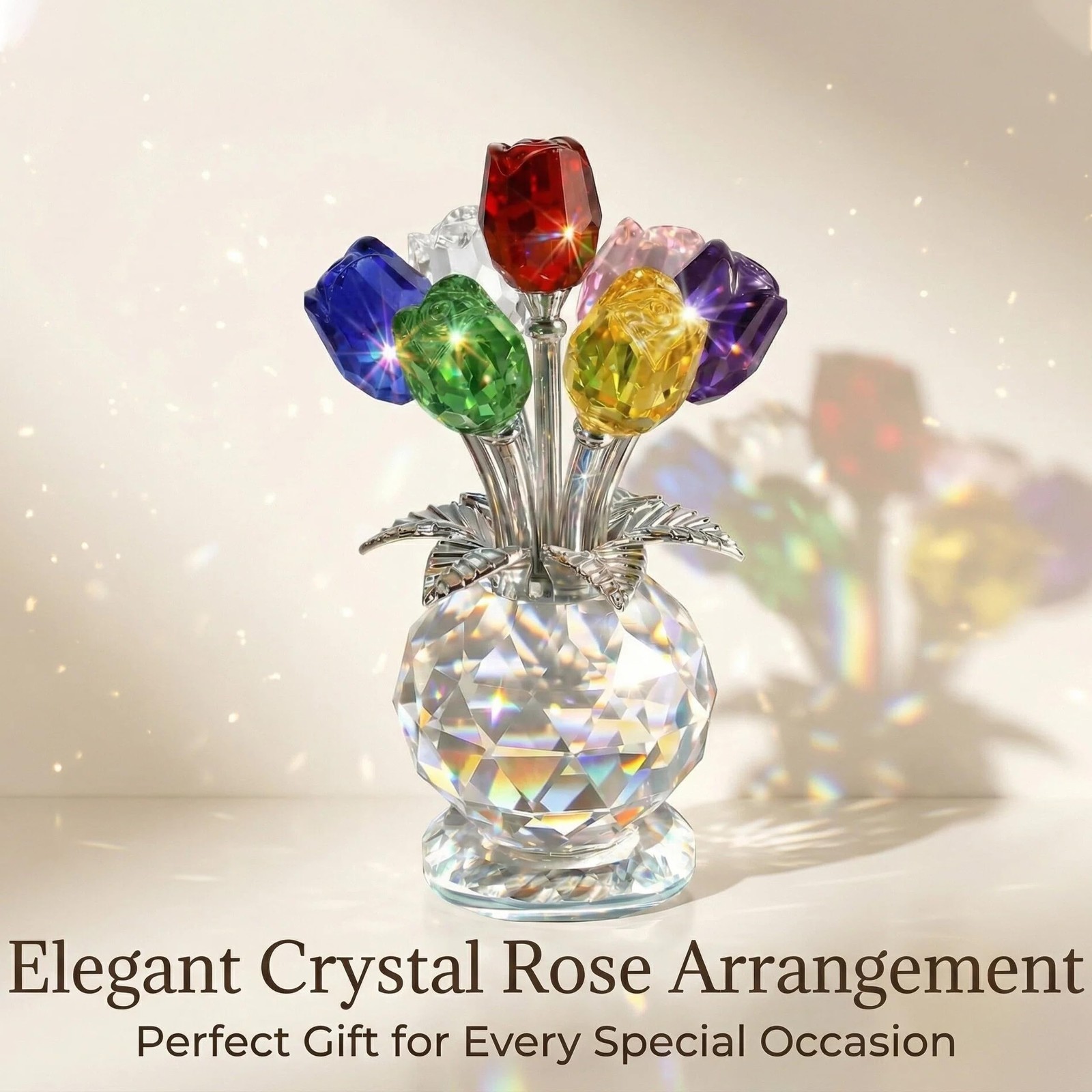 4.7 Inch Crystal Rose Bouquet – 7 Colorful K9 Glass Roses for Home Decor
