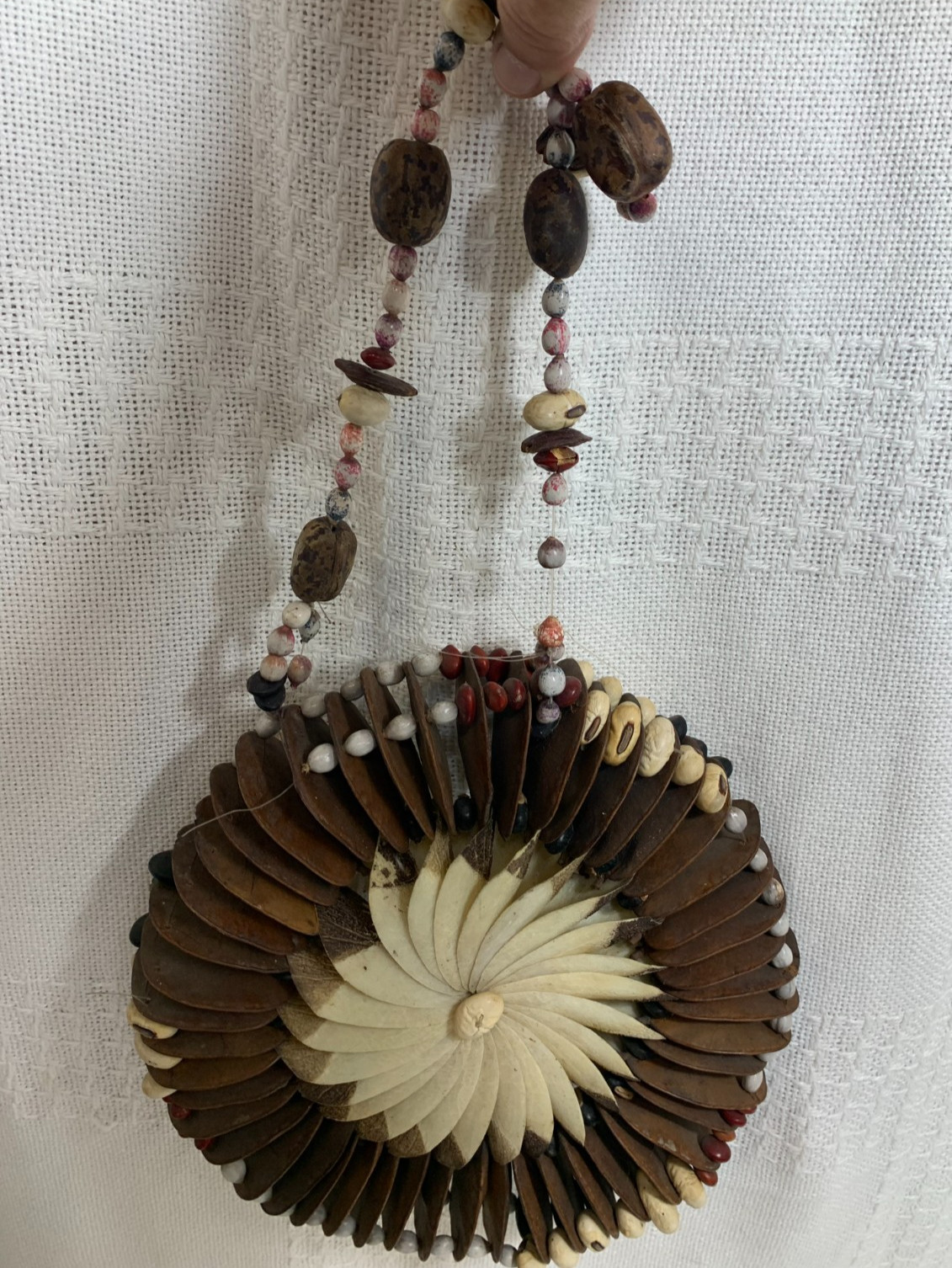 Vintage Ethnic Bean Pod Wall Wreath or Necklace Brown White Color Beans Decor
