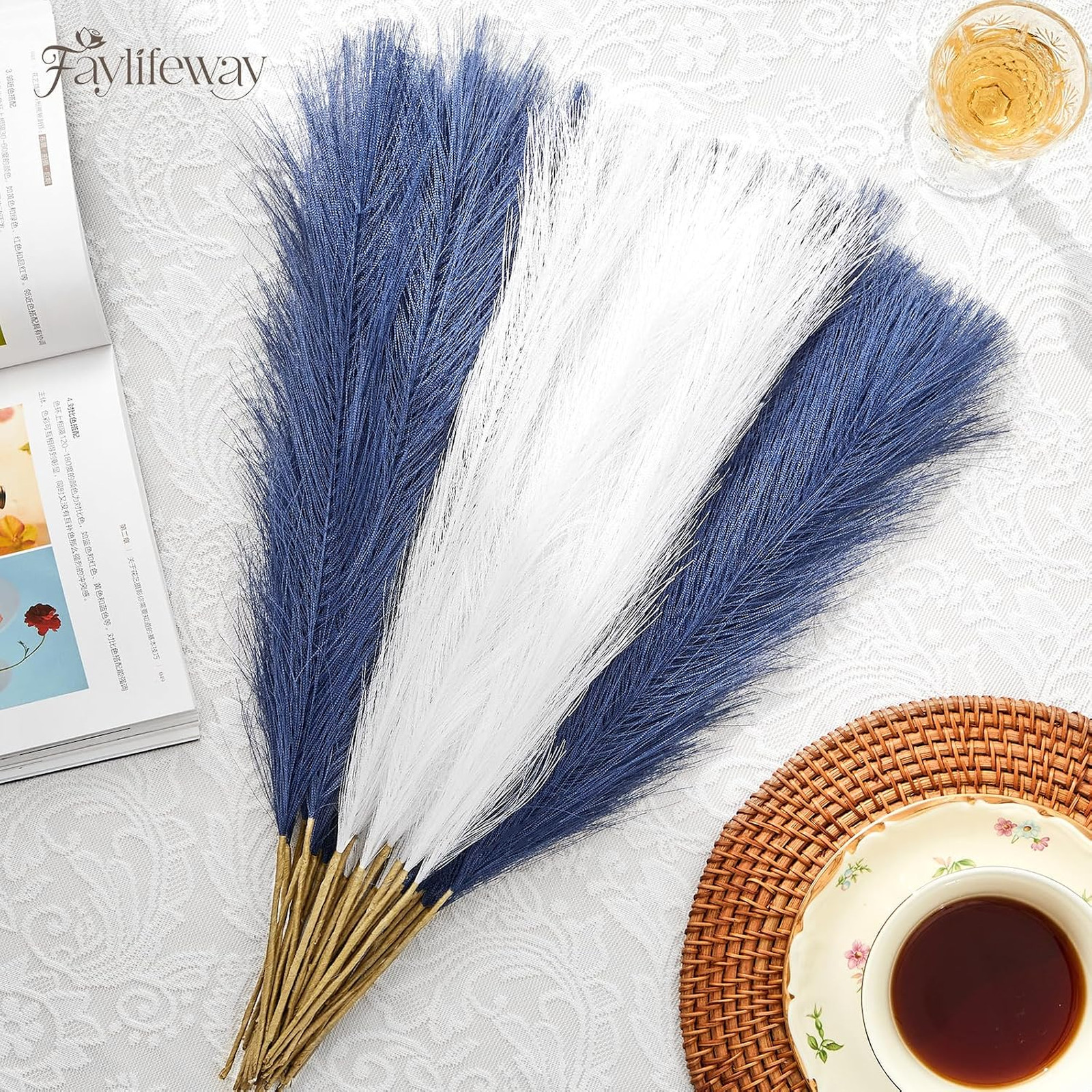 Artificial Pampas Grass Decor 50pcs 17 Inch Fluffy Blue White Vase Filler Home