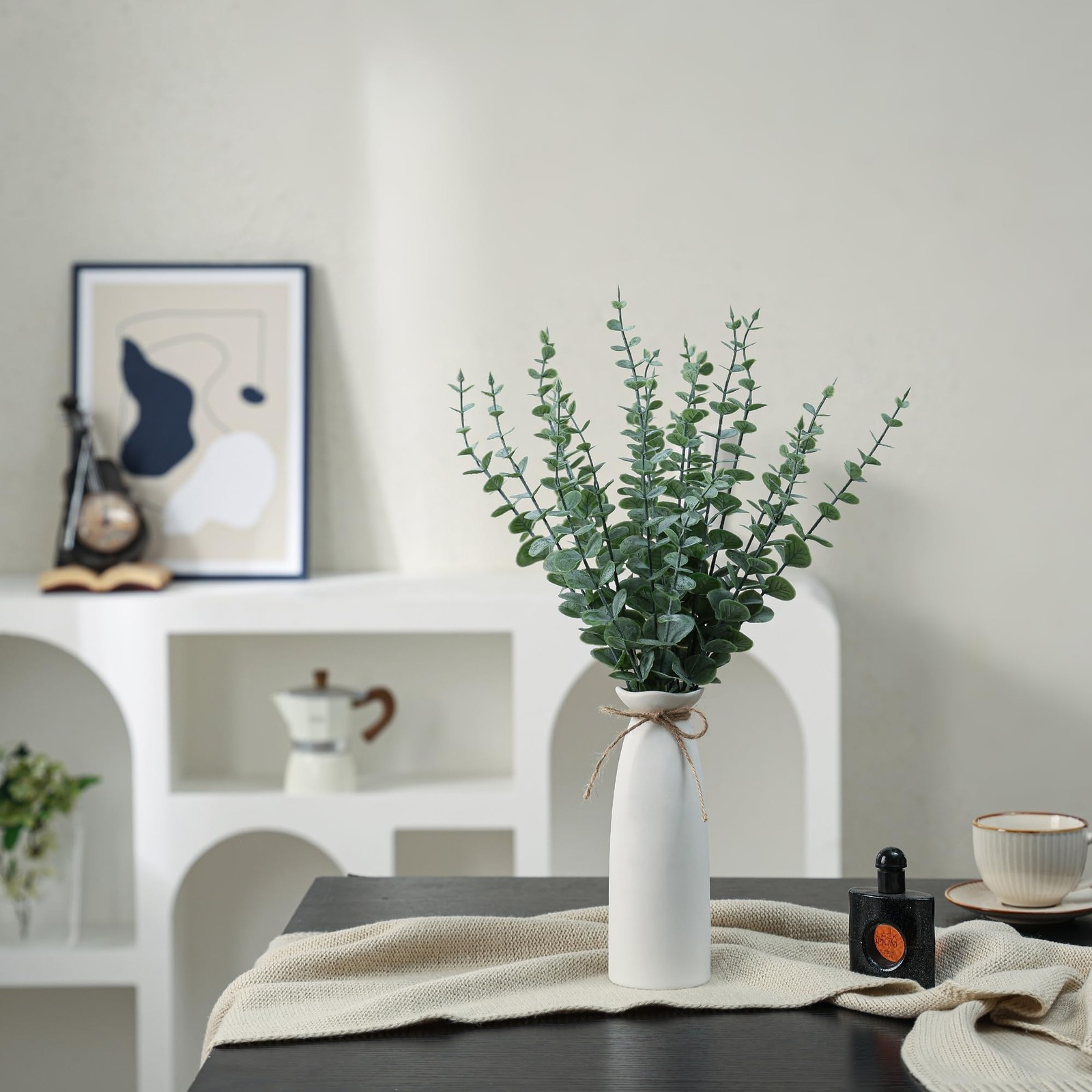 Vase with Greenery, 20pcs Artificial EucalyptusStems in White Vase, Boho Home…