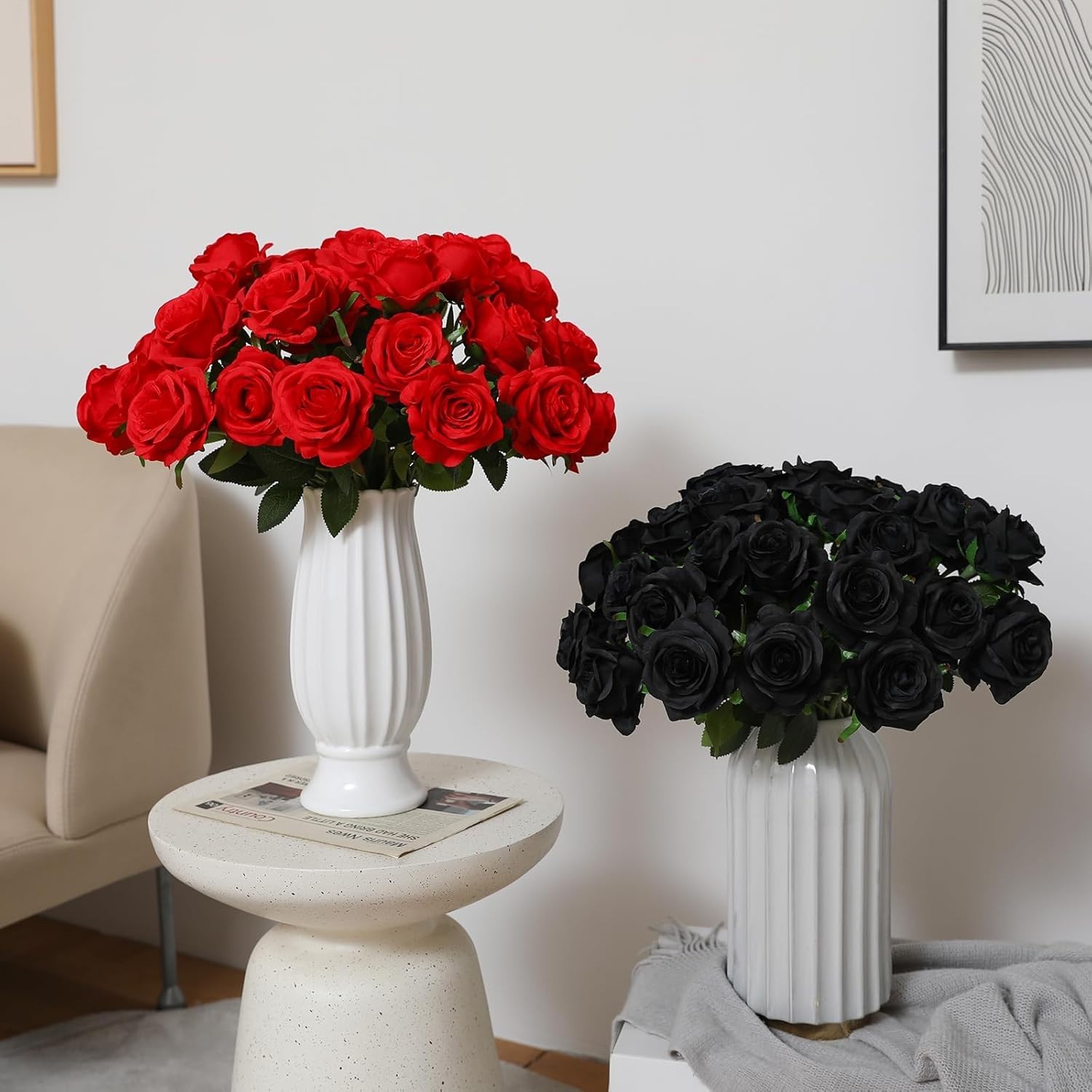 Artificial Roses 12 Pcs Black and Red Silk Flowers for Home Decor Centerpieces