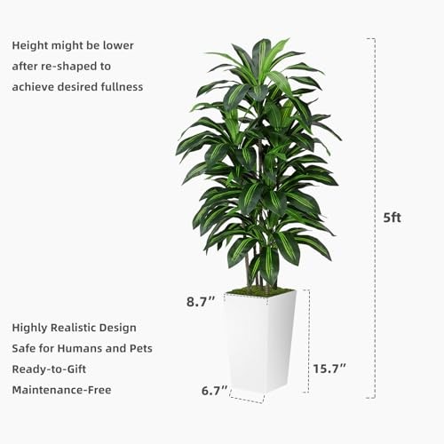 Artificial Dracaena Plant Indoor 5FT – Fake Tree with Tall Planter – 5ft White