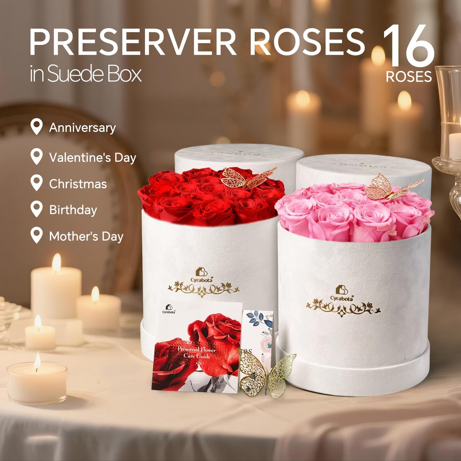 16 PCS Preserved Roses In Box Forever Flowers Gift Box For Women Sweet Pink