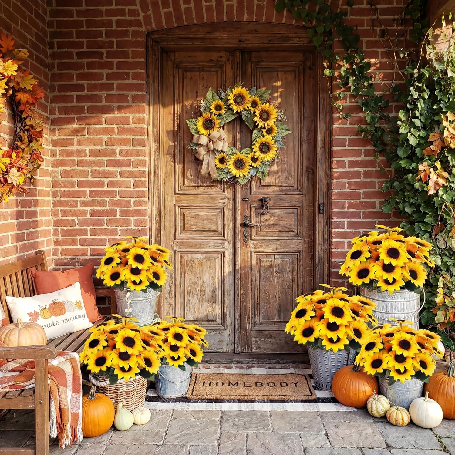 24 Bundles Yellow Sunflower Faux Mums – UV Resistant Outdoor Decor Bulk