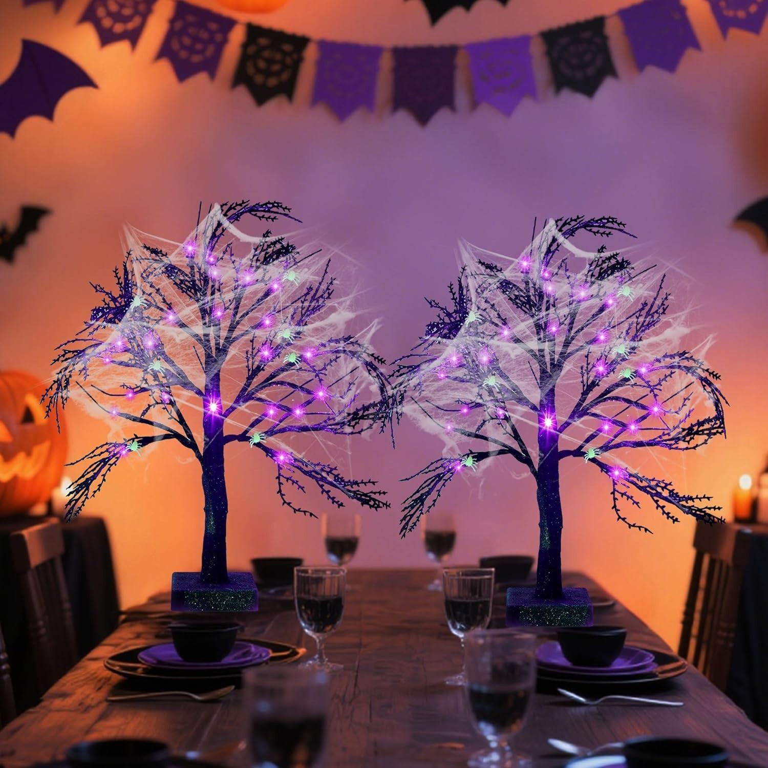 2 Pcs Halloween Black Spooky Tree with 24 LED Purple Lights, Spider Web and 1…
