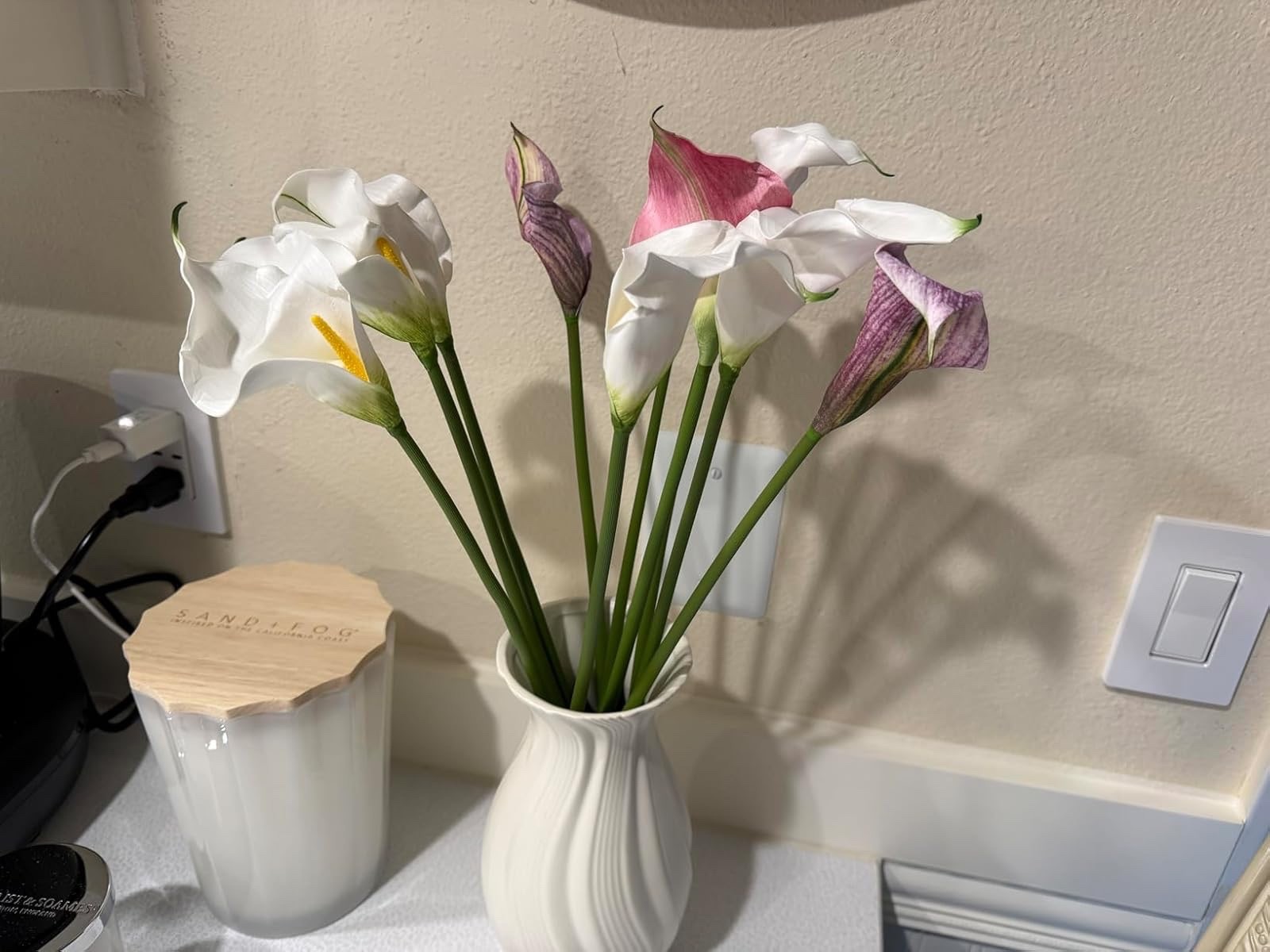 Artificial Calla Lily Flowers, 10pc PU Long Stem Bouquet, White Purple Pink