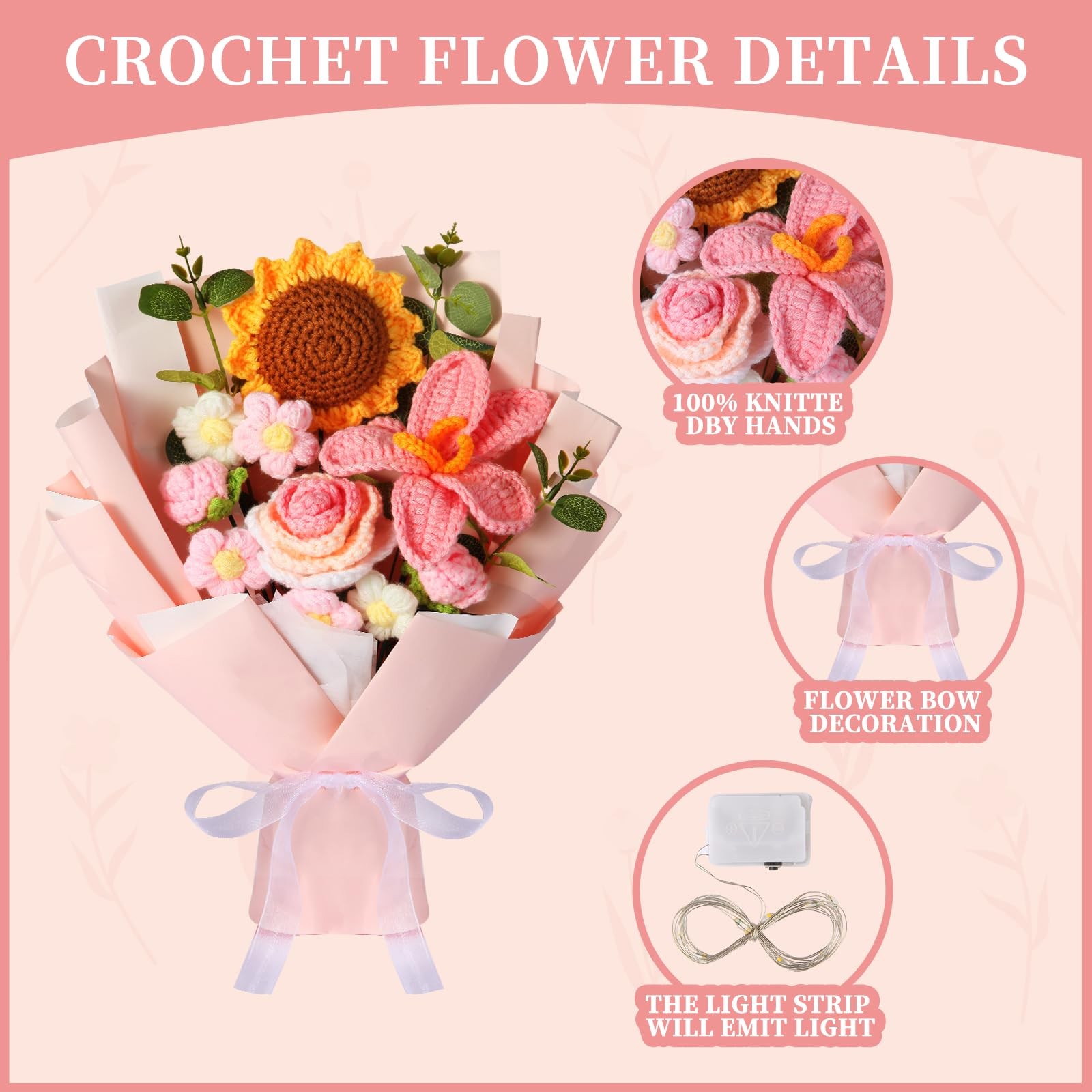 Crochet Flower Bouquet, Handmade Knitted Flowers, Crochet Sunflower Bouquet f…