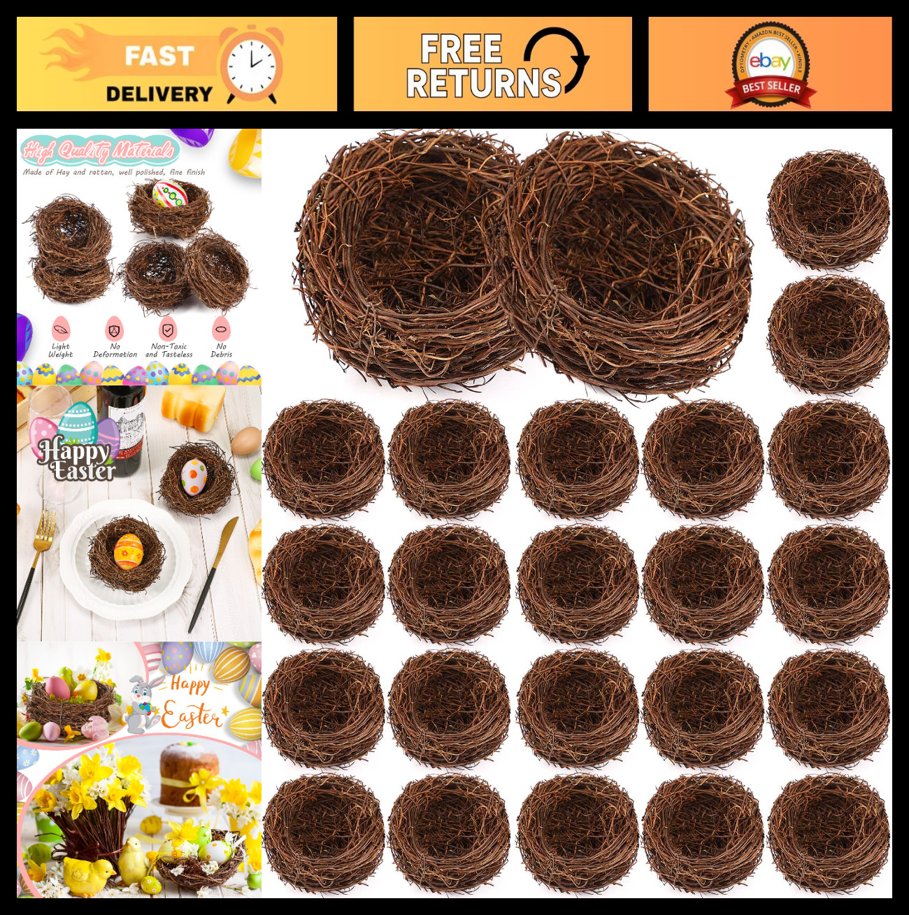 24 Pcs Mini Faux Rattan Bird Nests for Crafts – Easter Decor, Fairy Garden, DIY