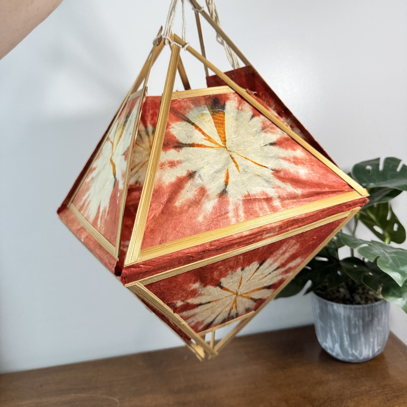 Boho Red Tie-Dye Paper Lantern Bamboo Frame Hanging Decor Collapsible