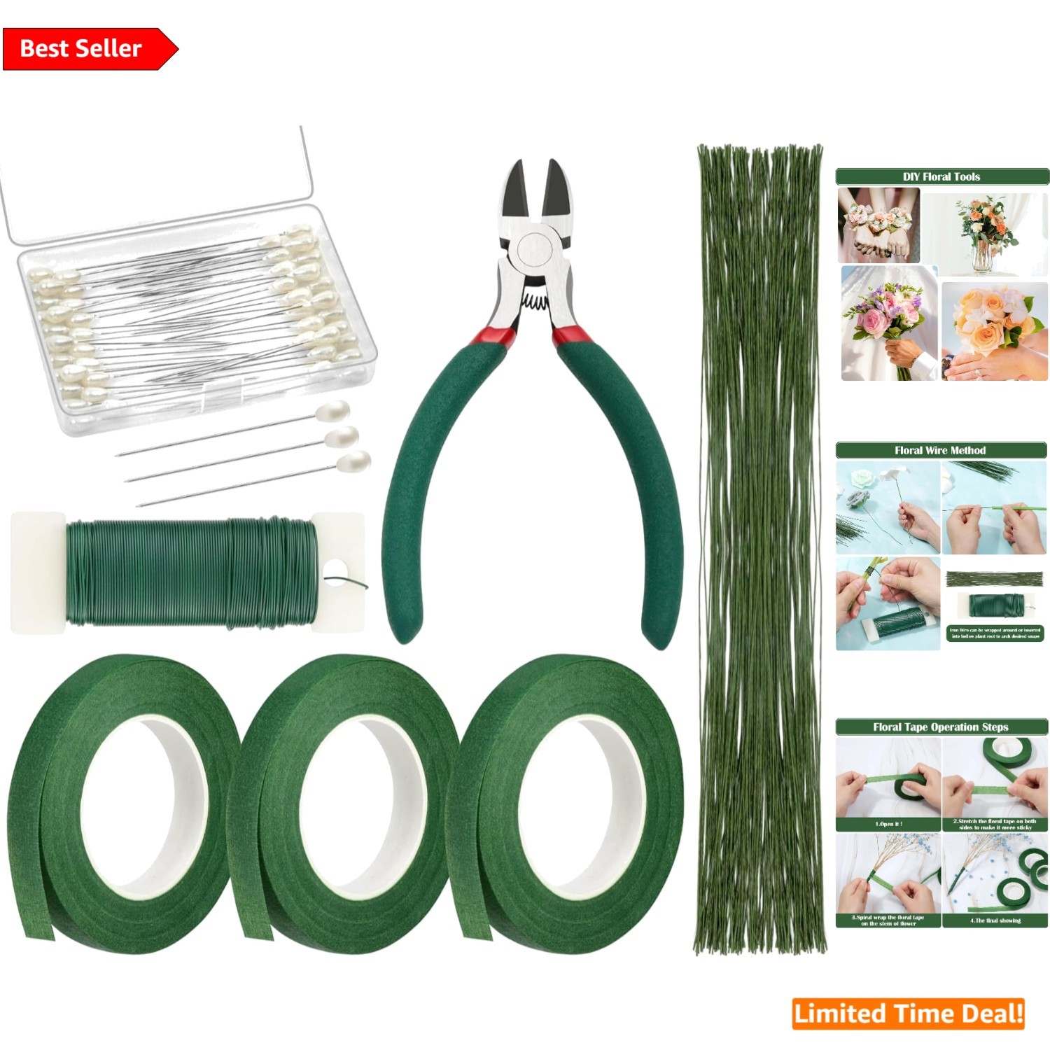 Floral DIY Kit: 100 pcs Wire, 3 Rolls Tape & Boutonniere Pins for Arrangements