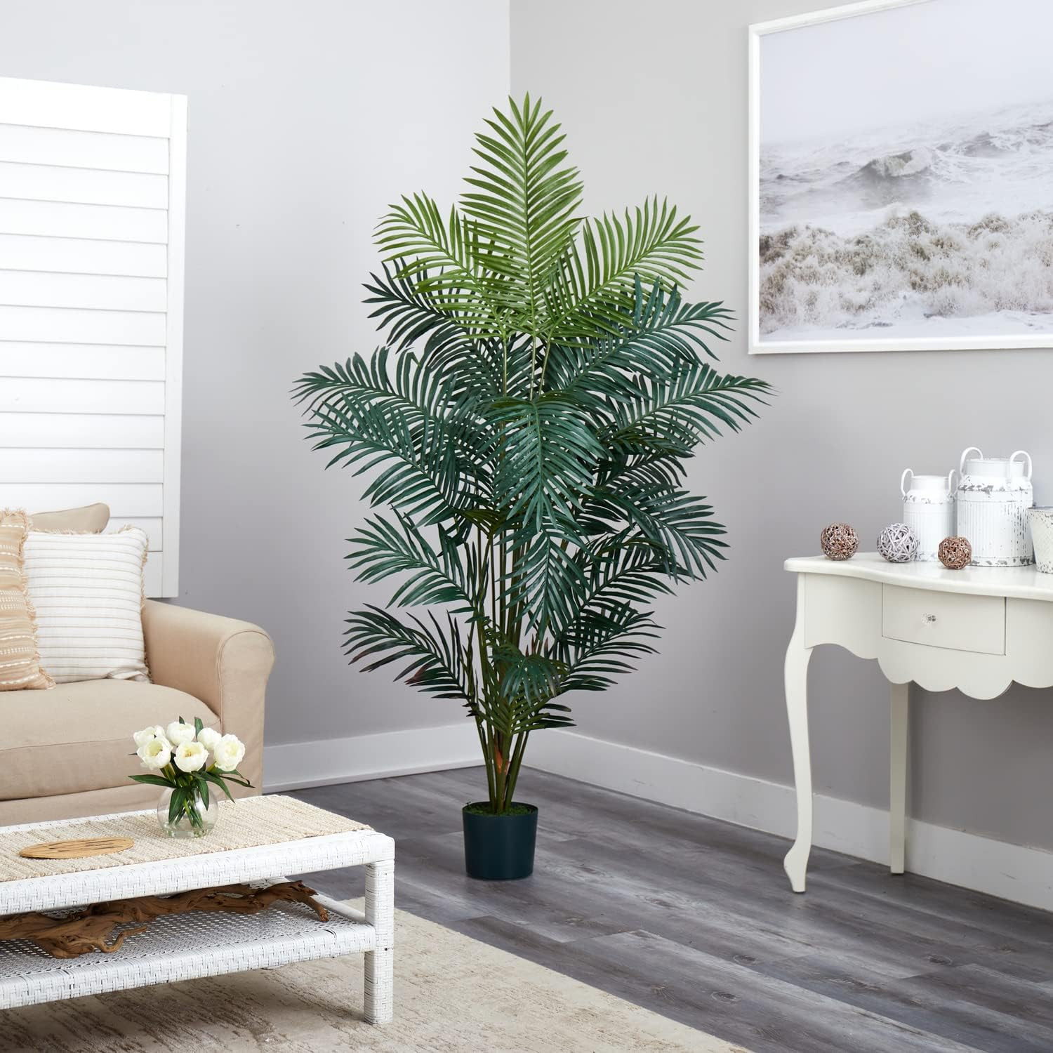7 Ft Artificial Paradise Palm Tree with Nursery Pot | 21 Feathery Fronds, Realis