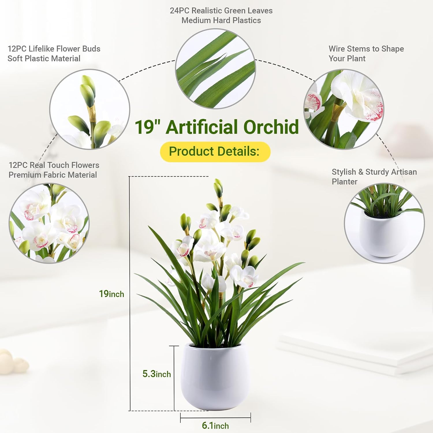 Fake Orchid Plant 19″ Tall, Realistic Touch Leaves, Potted Cymbidium Artificial