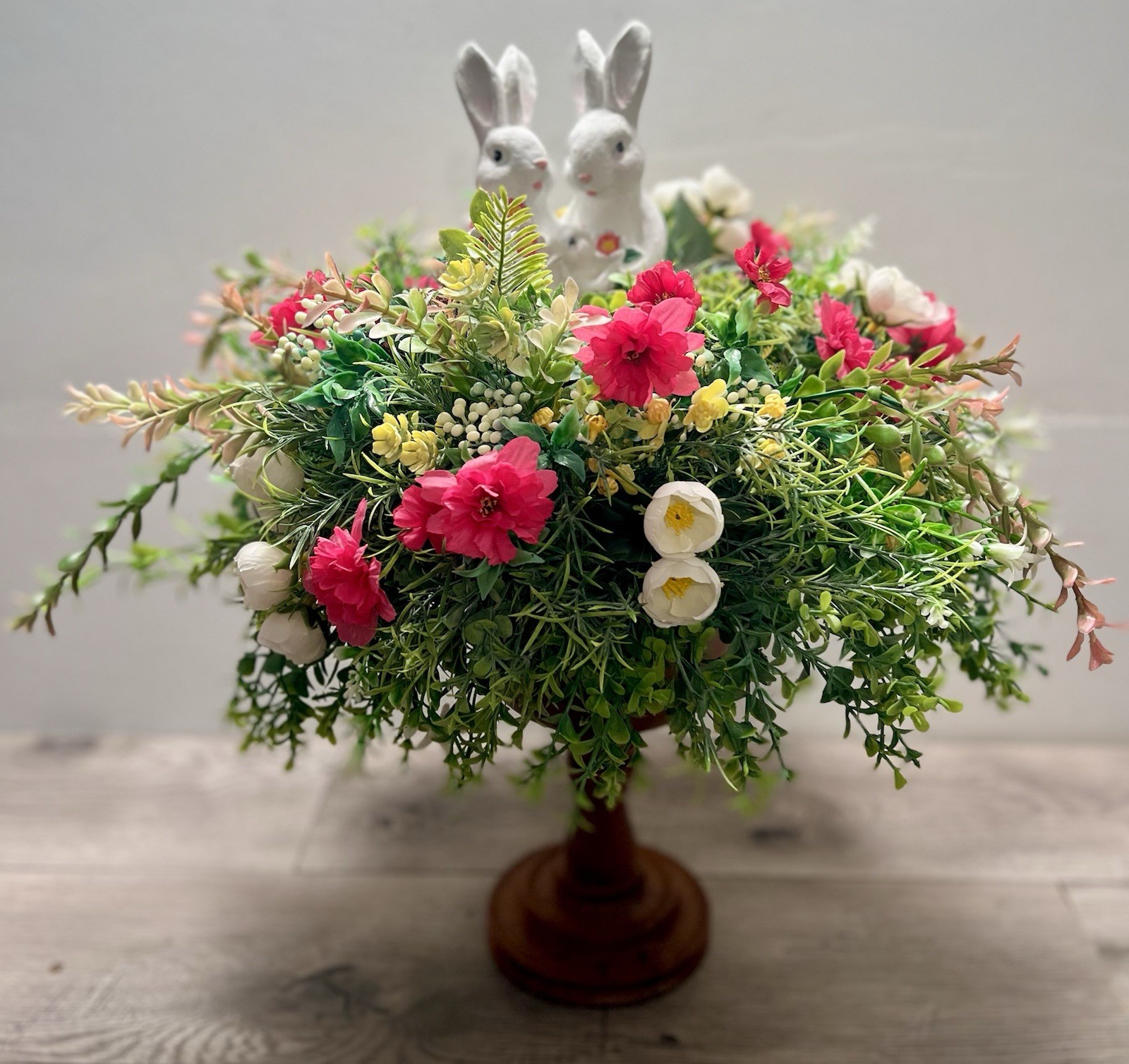 Spring Easter Candle Stick Floral Arrangement Greenery Flowers Rabbit