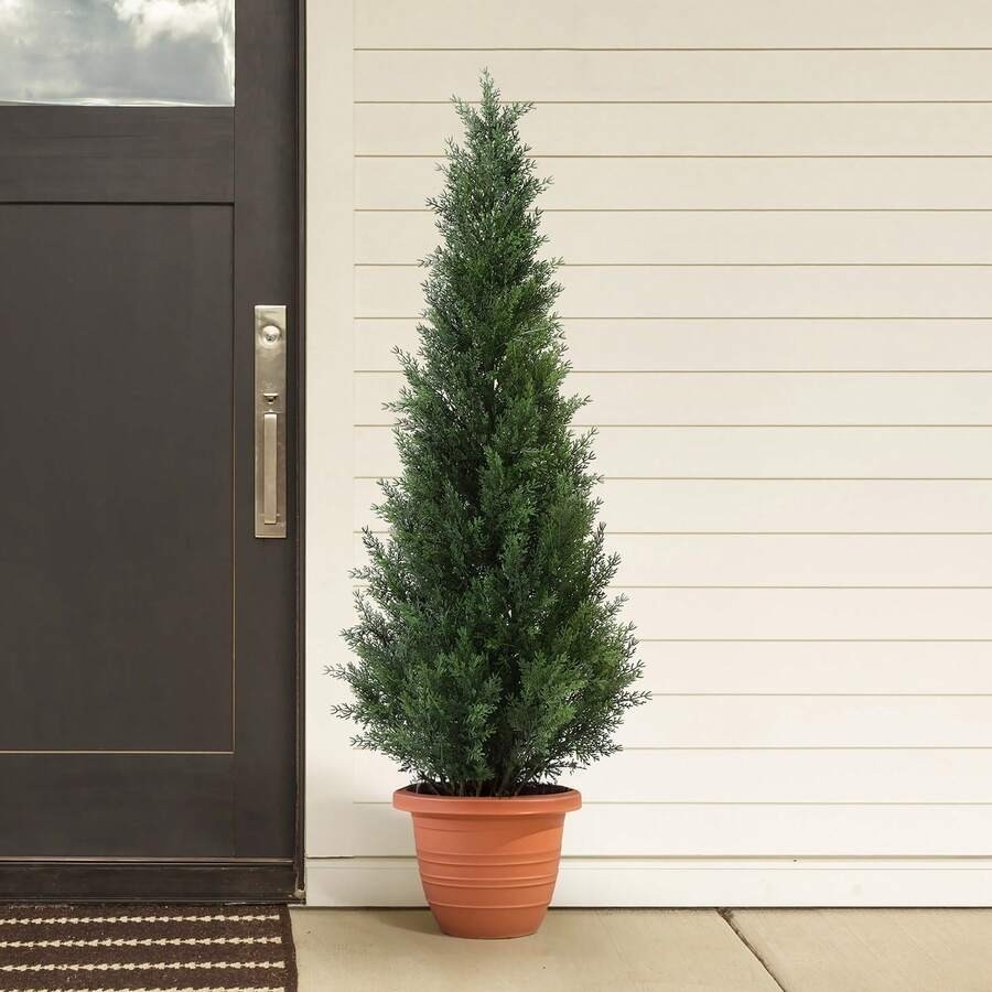 UV-Resistant Artificial Cedar Tree, Pre-Potted Fake Plant for Indoor/Outdoor Dec