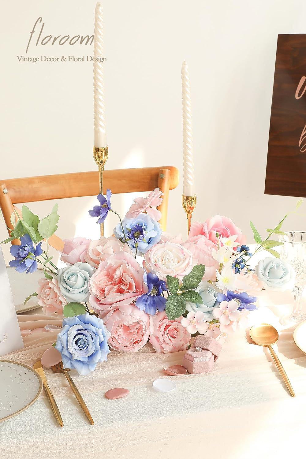 Pink Blush Blue Artificial Flowers Fake Roses Peonies and Greenery Combo Box Set