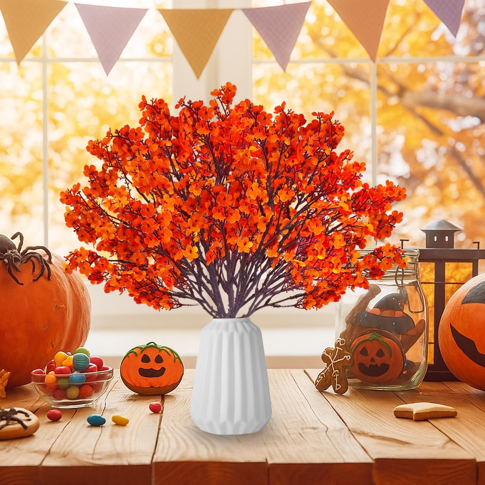 12PCS Fake Fall Flowers Orange Baby Breath Artificial Flowers Real Touch Silk…