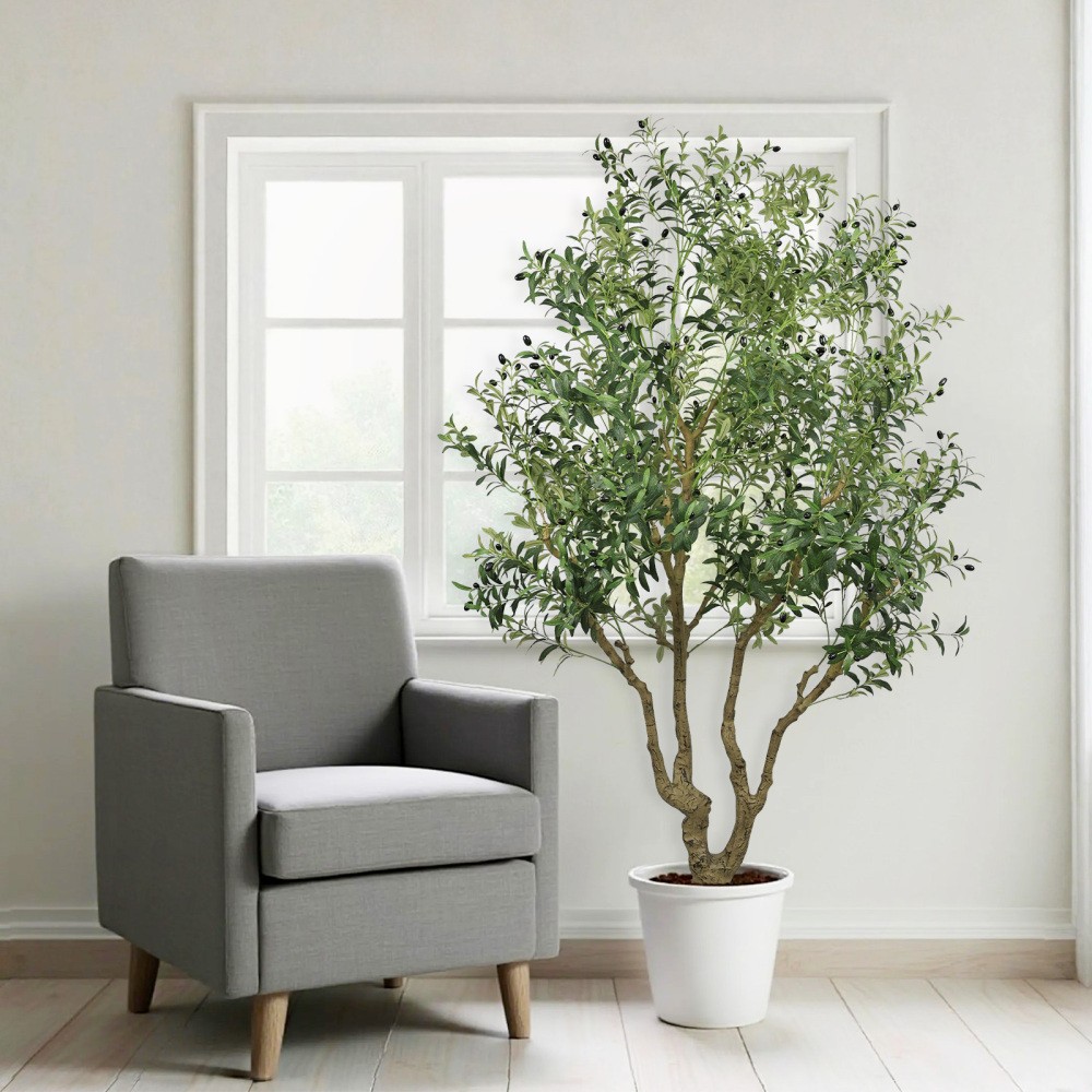 8FT Tall Artificial Olive Tree Faux Potted Plant Natural Trunk Lifelike Olive