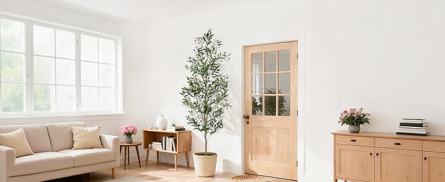 Olive Tree, 7FT Artificial Indoor Tall Faux Olive Trees w/Planter & Natural Wood