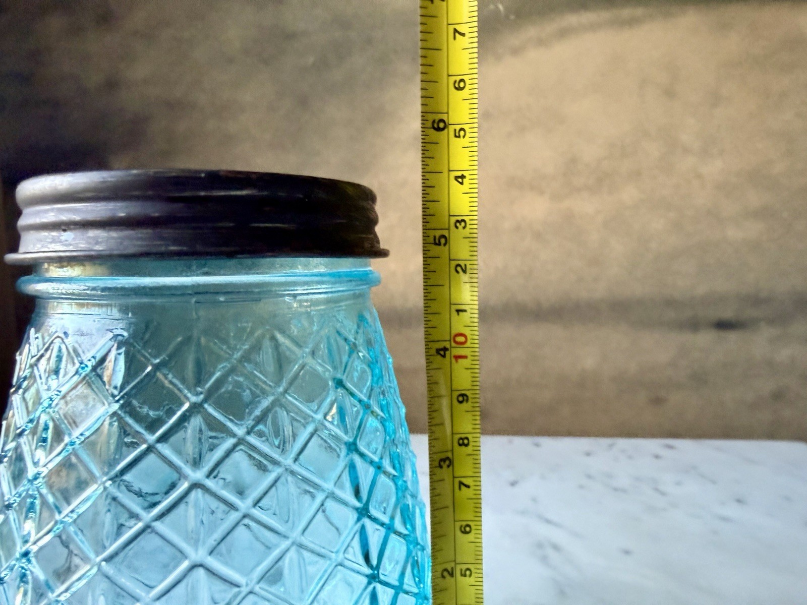 Vintage Style Blue Glass Flower Jar with Galvanized Floral Grid Lid, 5.4″