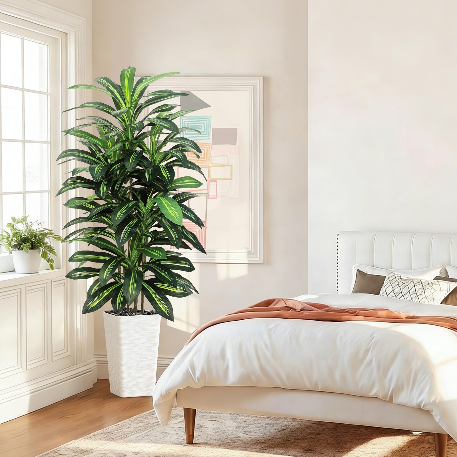 Artificial Dracaena Tree Indoor, 5FT Tall Fake Floor Plants with White Plante…