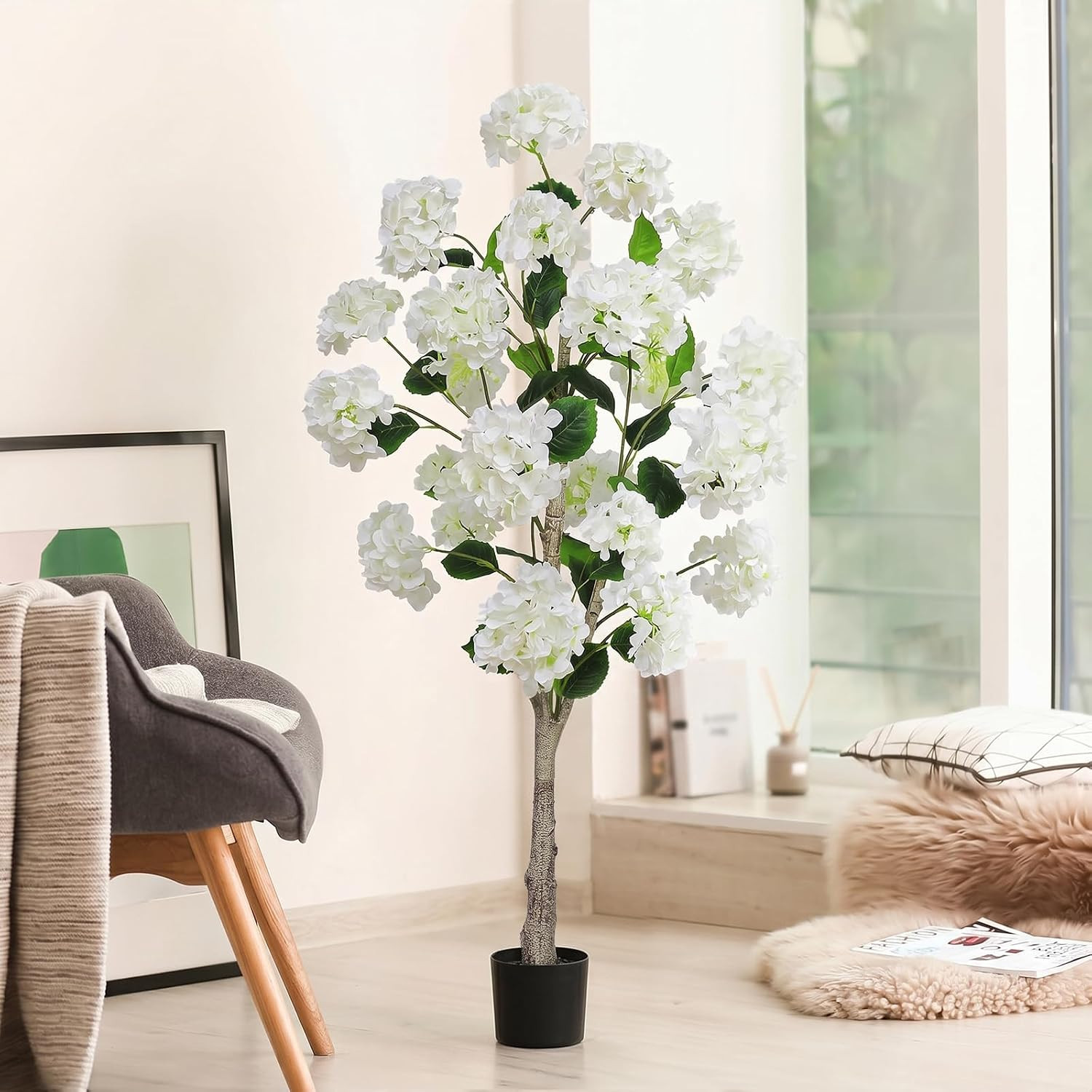 4FT White Hydrangea Artificial Tree – Lifelike Silk Floral Decor for Home & Gard