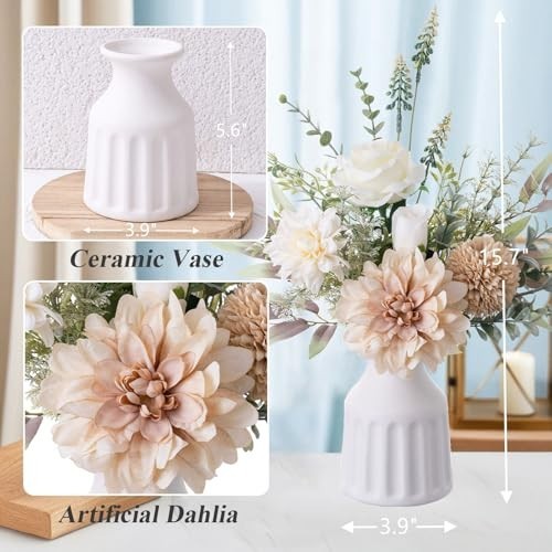 Artificial Floral Arrangements in Vase – 15.7” Silk Roses & Faux Dahlia Centerp