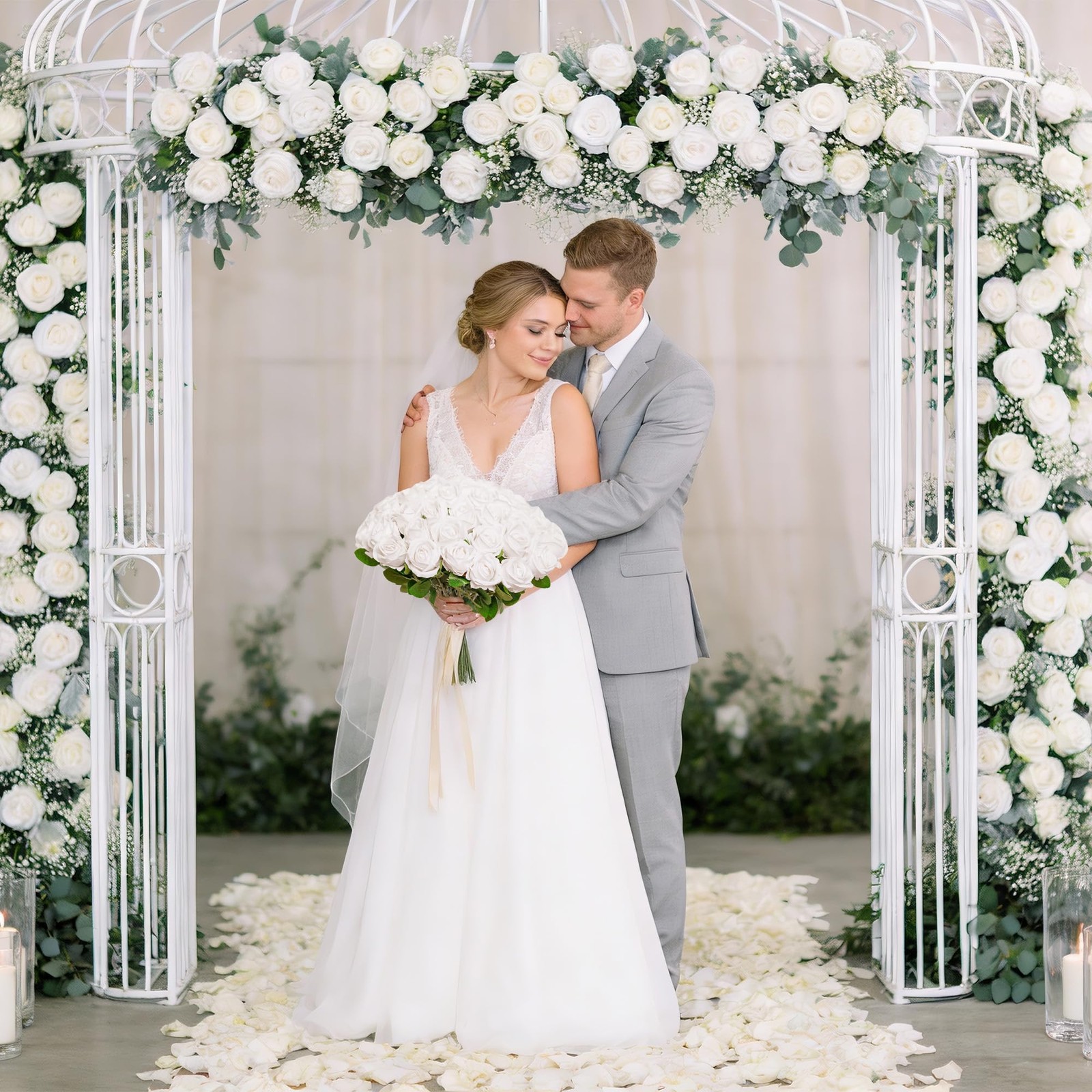 [100]Pcs Realistic Artificial flowers White Roses Bulk, Silk Flowers for wedd…