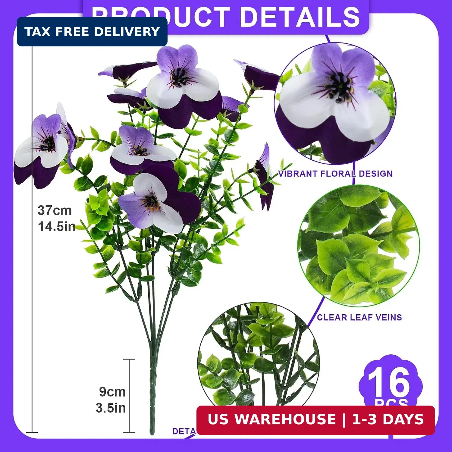 16 Pcs Artificial Pansy Flowers for Outdoors Purple Faux Silk Spring Flowers for