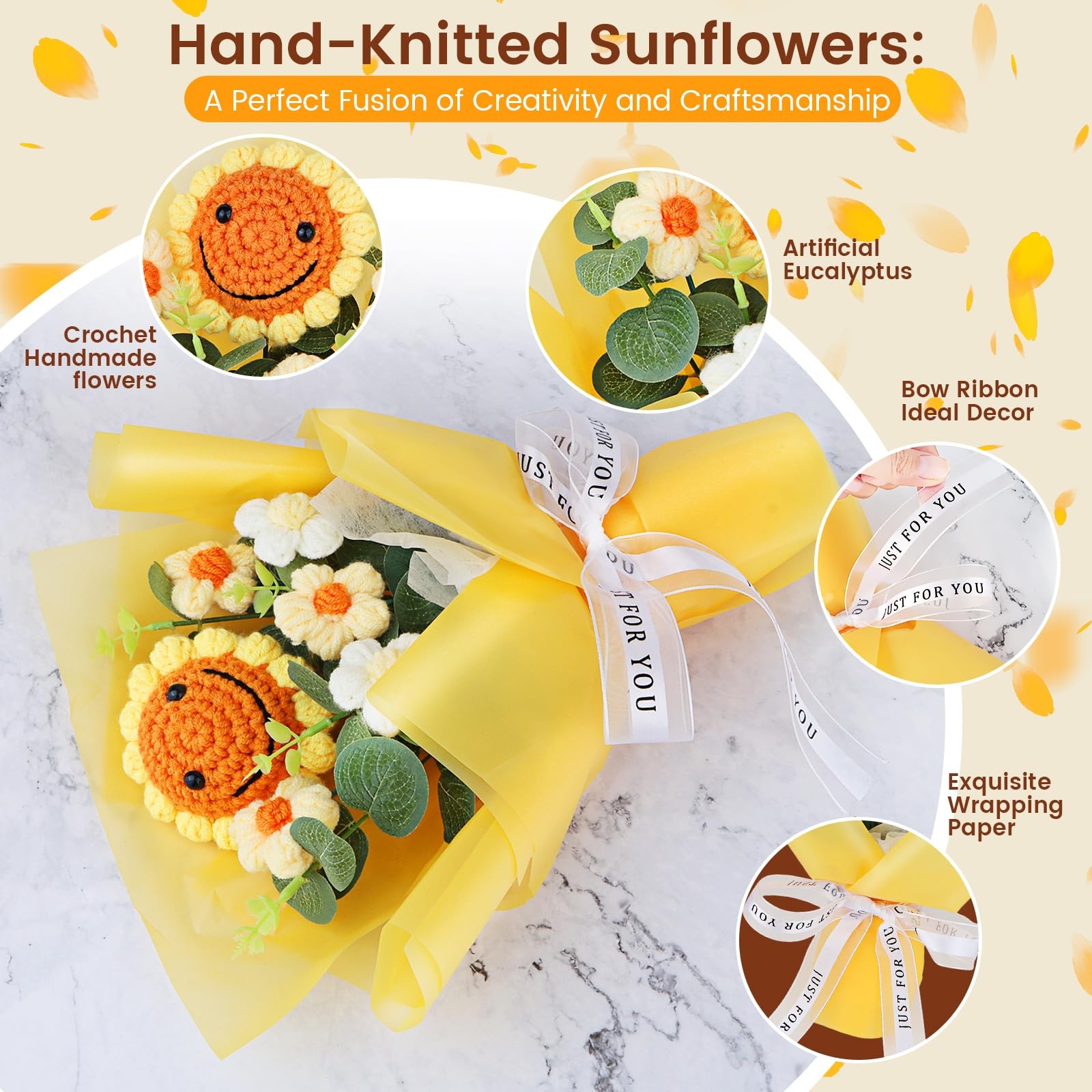 Handmade Crochet Sunflower Bouquet – Knitted Yarn Flowers, Artificial Flower …