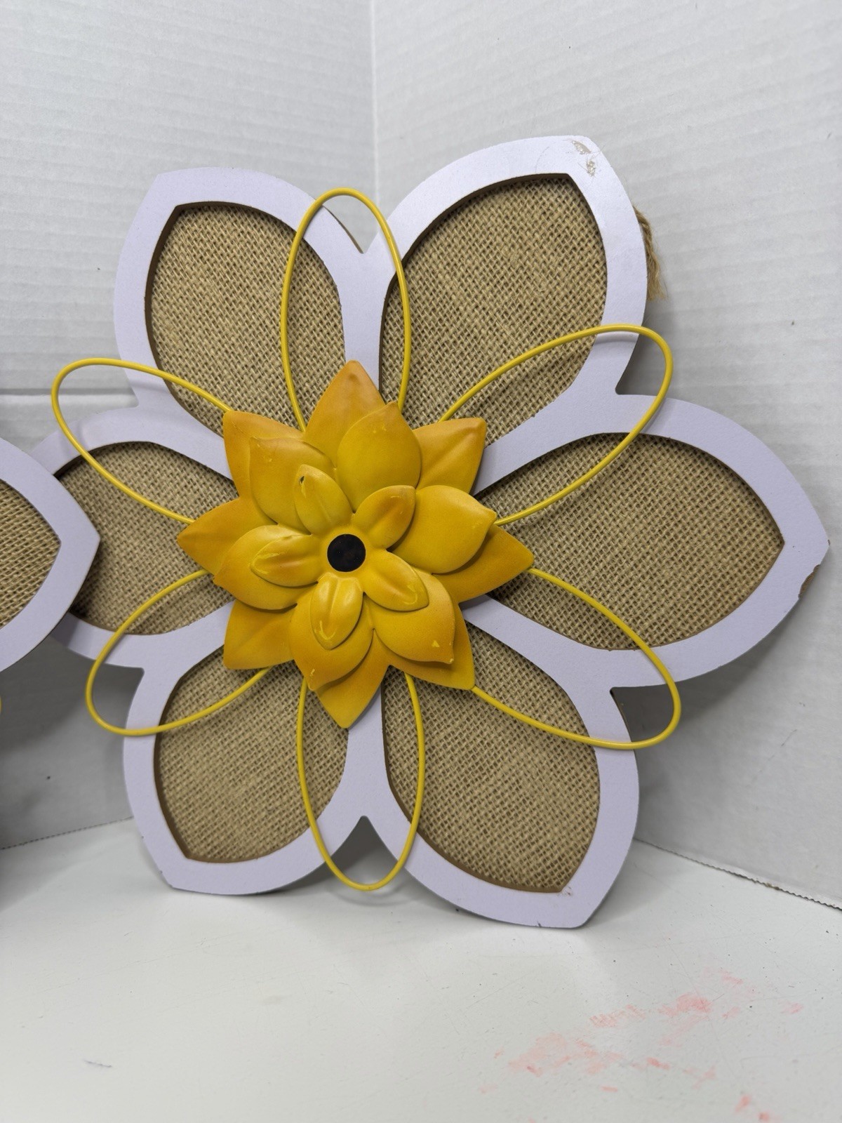 3 Wood Burlap & Metal 3D Flowers Decor Hanging 12” Wall Home Decor Wall Hanger