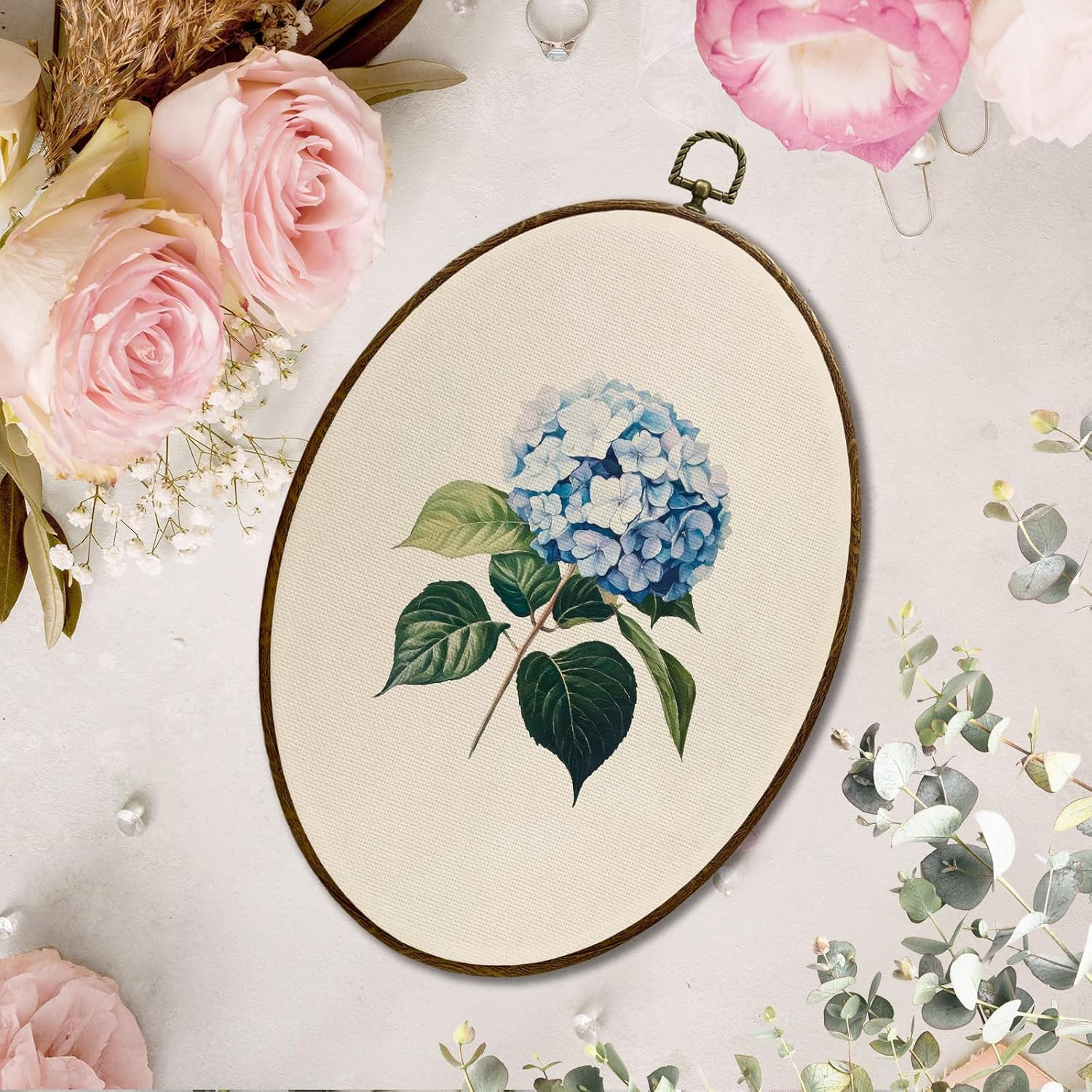 Vintage Blue Hydrangea Floral Oval Wall Decor, Cottagecore Hydrangea Flower Oval