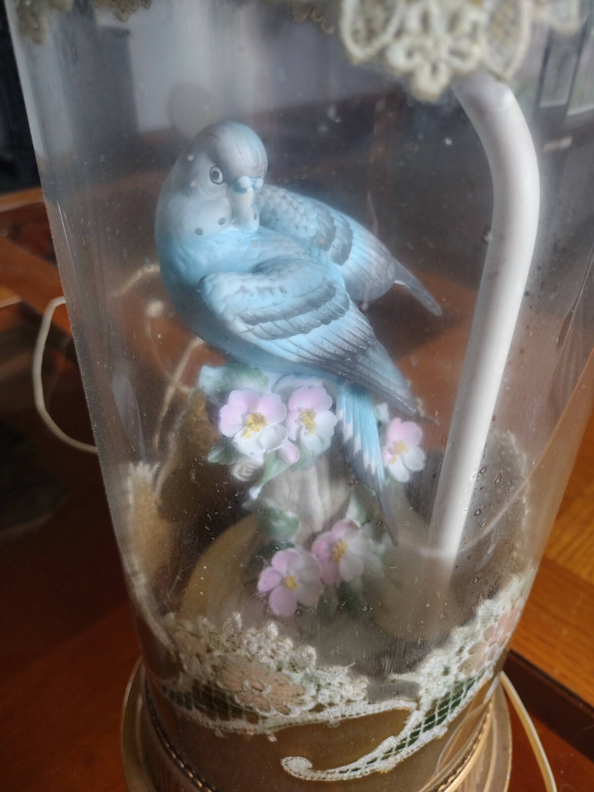 Vintage Antique Glass Lamp Decorated Floral and Bird inside 36″ tall SEE SEE