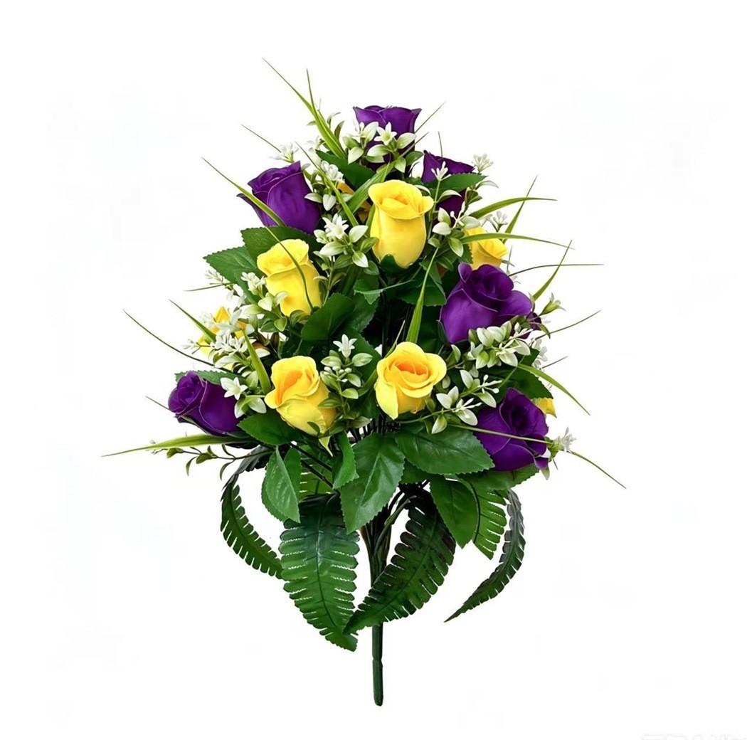 2 Pack Silk Bouquets Purple Yellow Green 43cm for Memorial Home Decor