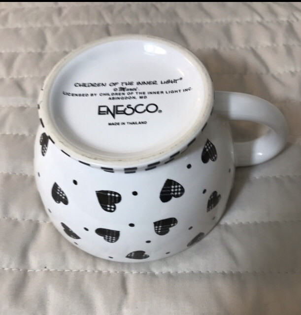 Black & white farmhouse hearts stripes teacup greenery plant Handmade Enesco cup