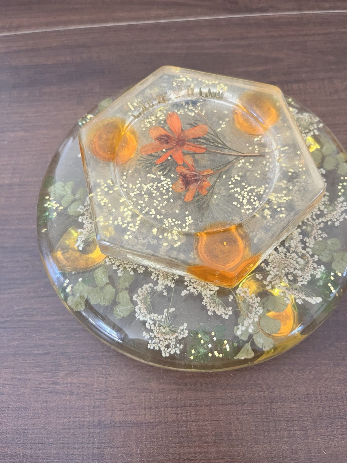 Vtg MCM 70’s retro lucite trivet hot pad Coaster dried pressed flowers Set Of 2