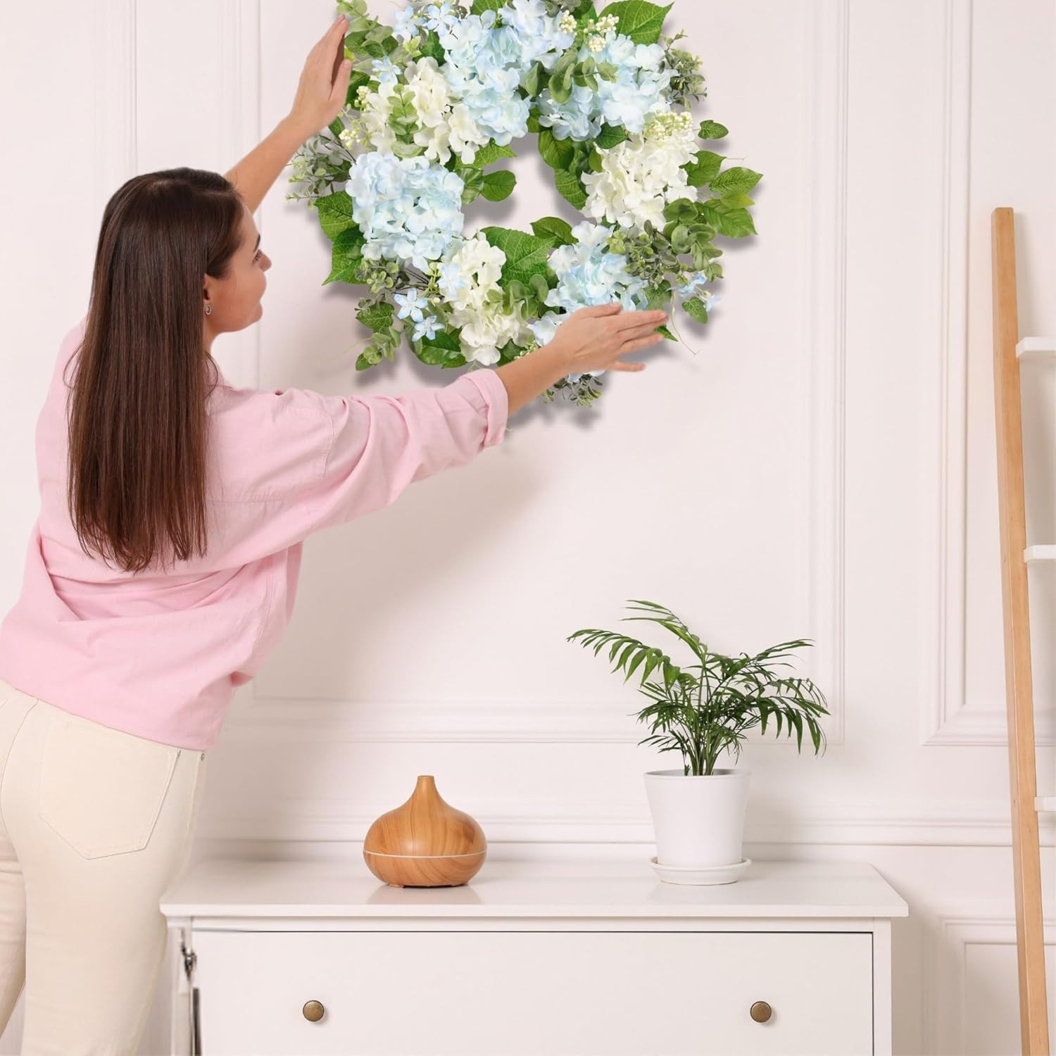 Spring Wreath Artificial Hydrangea Eucalyptus 20IN, Light Blue White Green, Spri