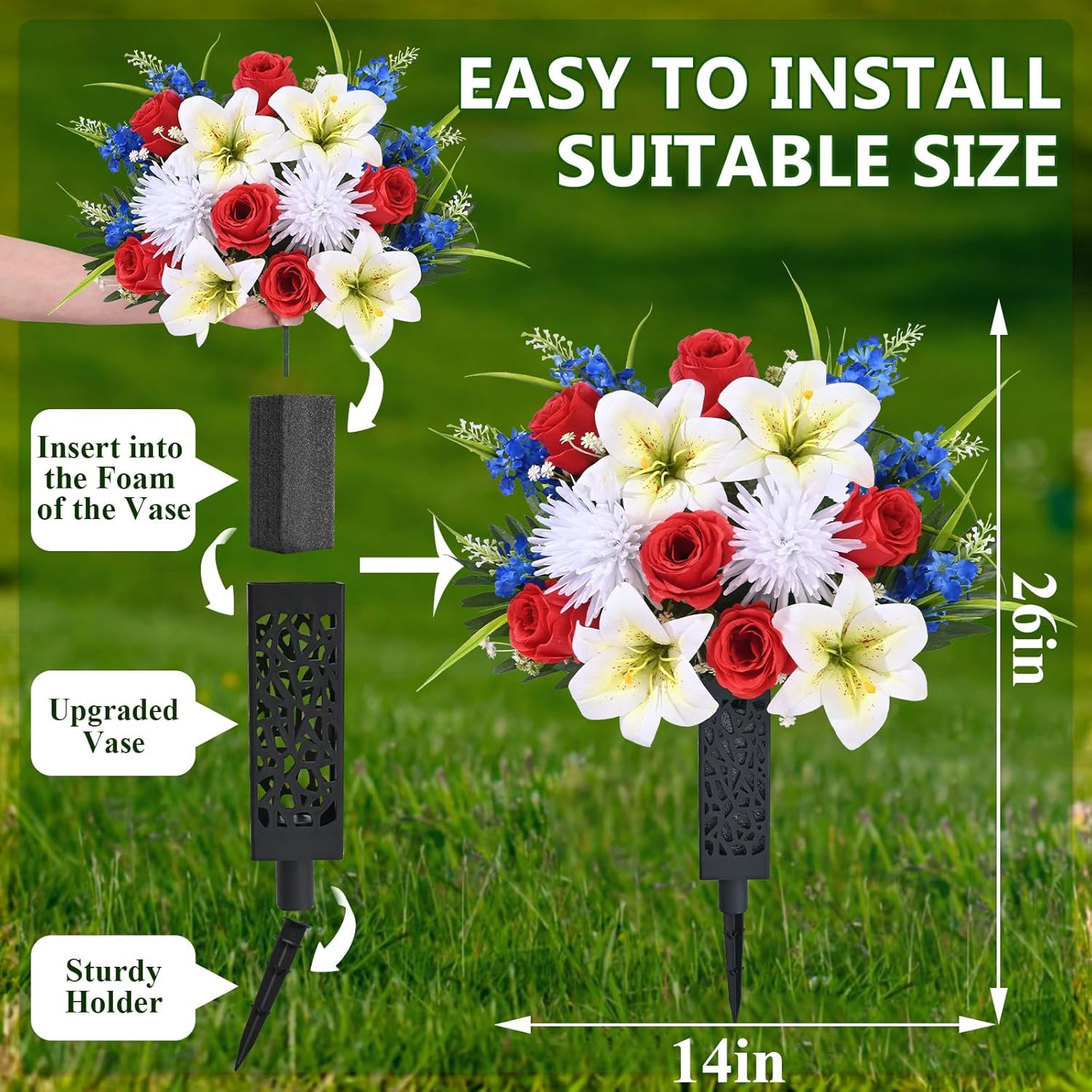2 Sets Artificial Cemetery Flowers for Grave, Artificial Grave Flowers Memorial