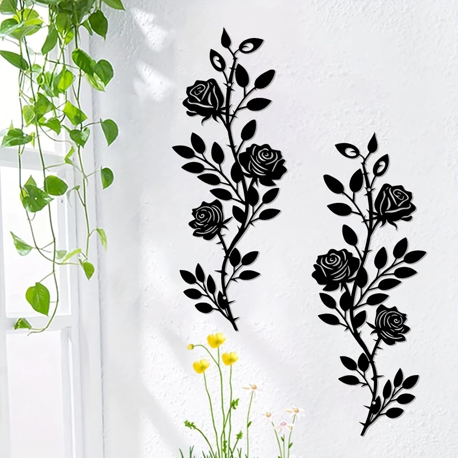2Pcs Metal Rose Floral Wall Decor Art , Rustic Wrought Iron Plant
