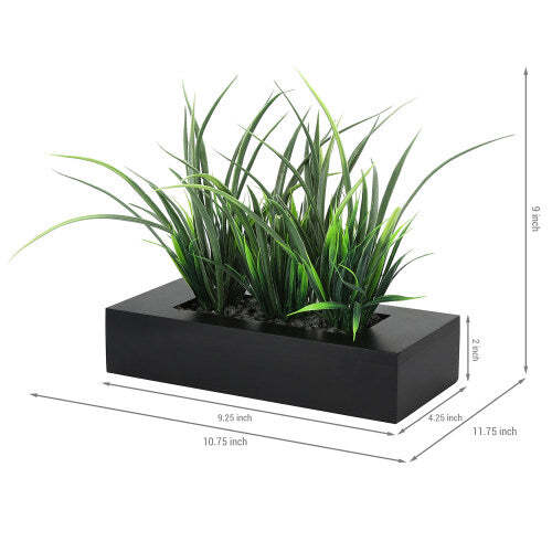 Artificial Green Grass Plants in Black Wood Rectangular Planter Pot