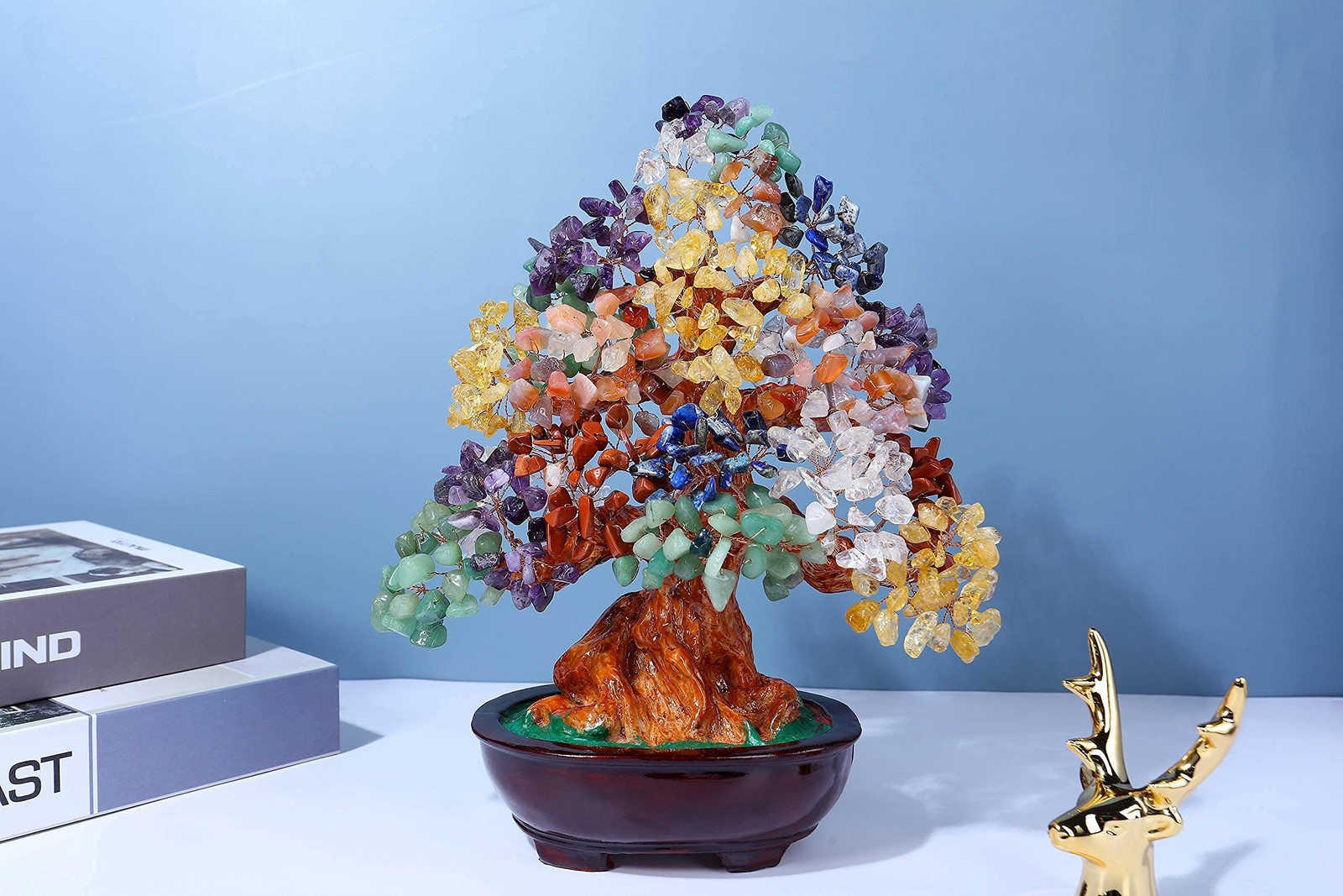 Large Feng Shui Natural 7 Chakra Healing Crystal Money Tree Resin Base Bonsai St