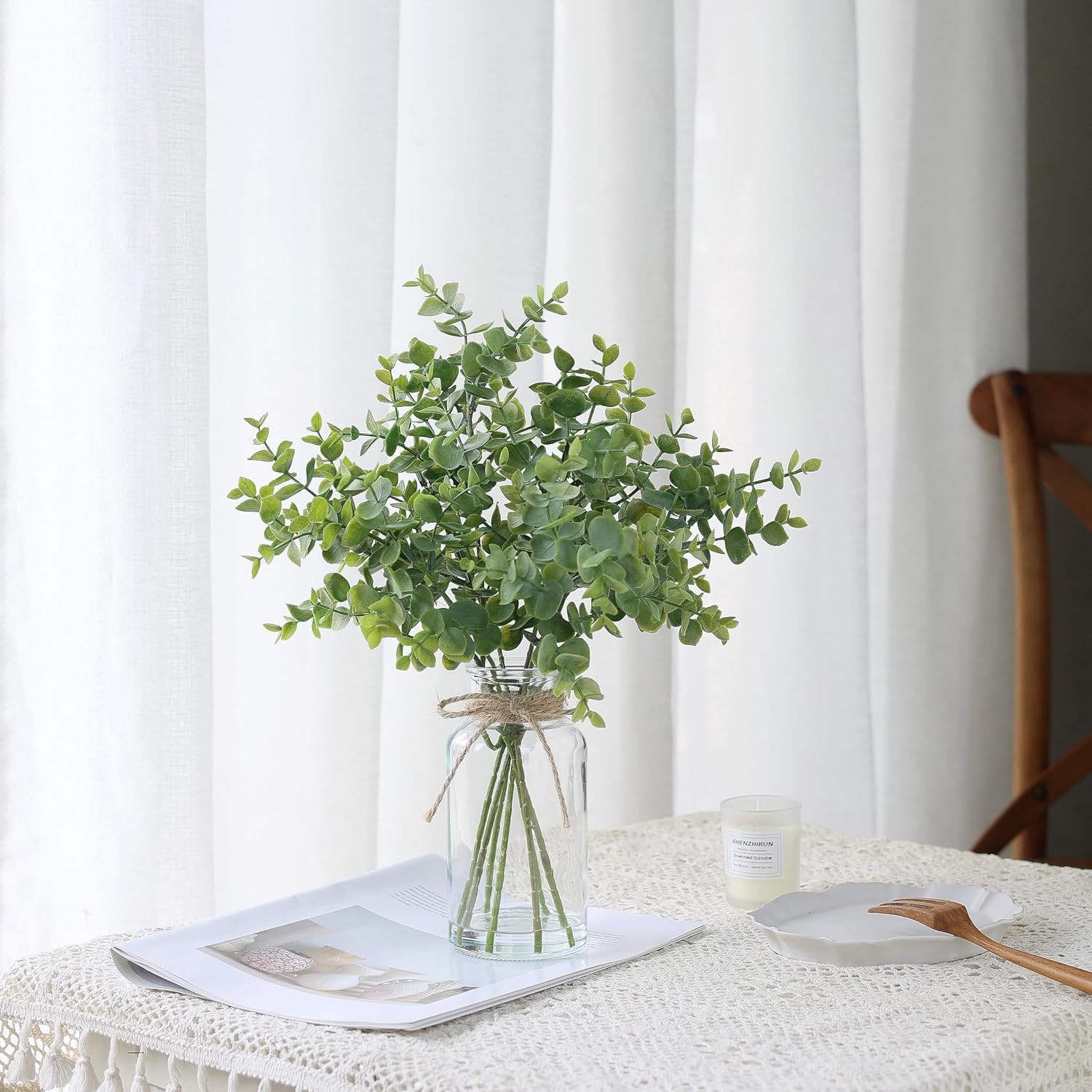 Fake Eucalyptus Stems in Glass Vase with Faux Water,14″ Artificial Plants