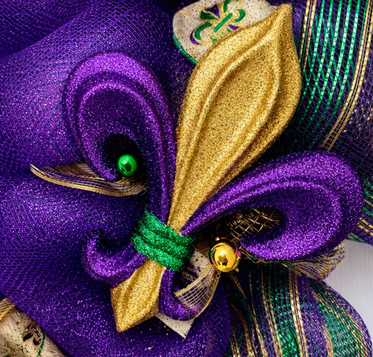 Mardi Gras Wreath Extra Large With Venetian Mask and Fleur De Lis Handmade Deco
