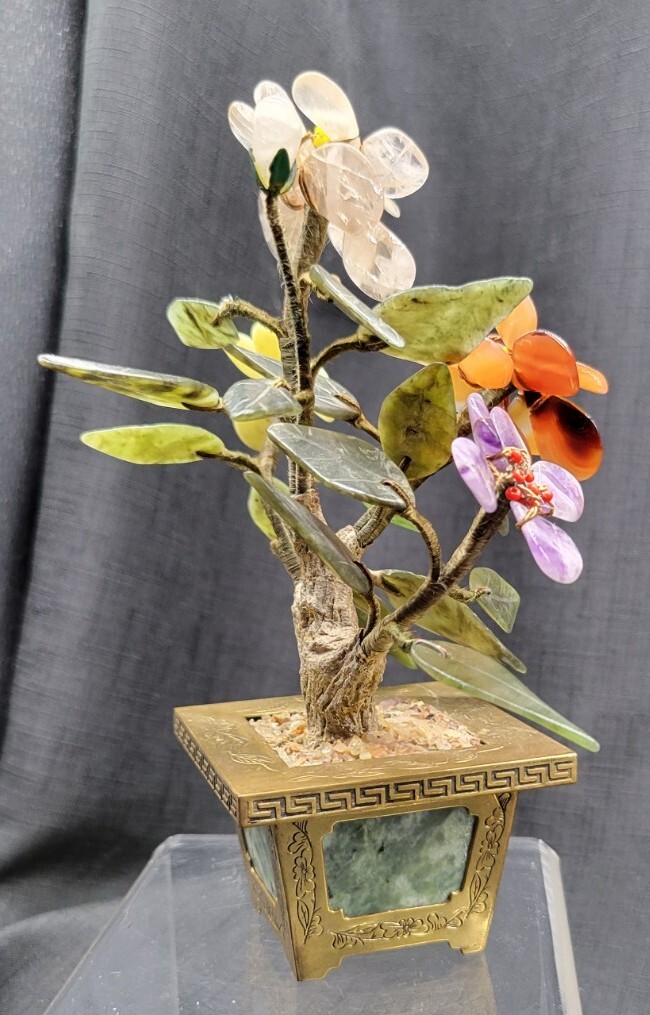 Vintage Carved Jade / Gemstone Bonsai Tree w/ Brass Base, MCM, Made in Hong Kong