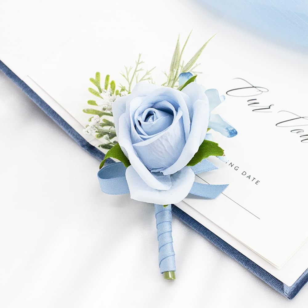 Light Blue Corsage and Boutonniere Set for Wedding Prom, Artificial Rose Baby…