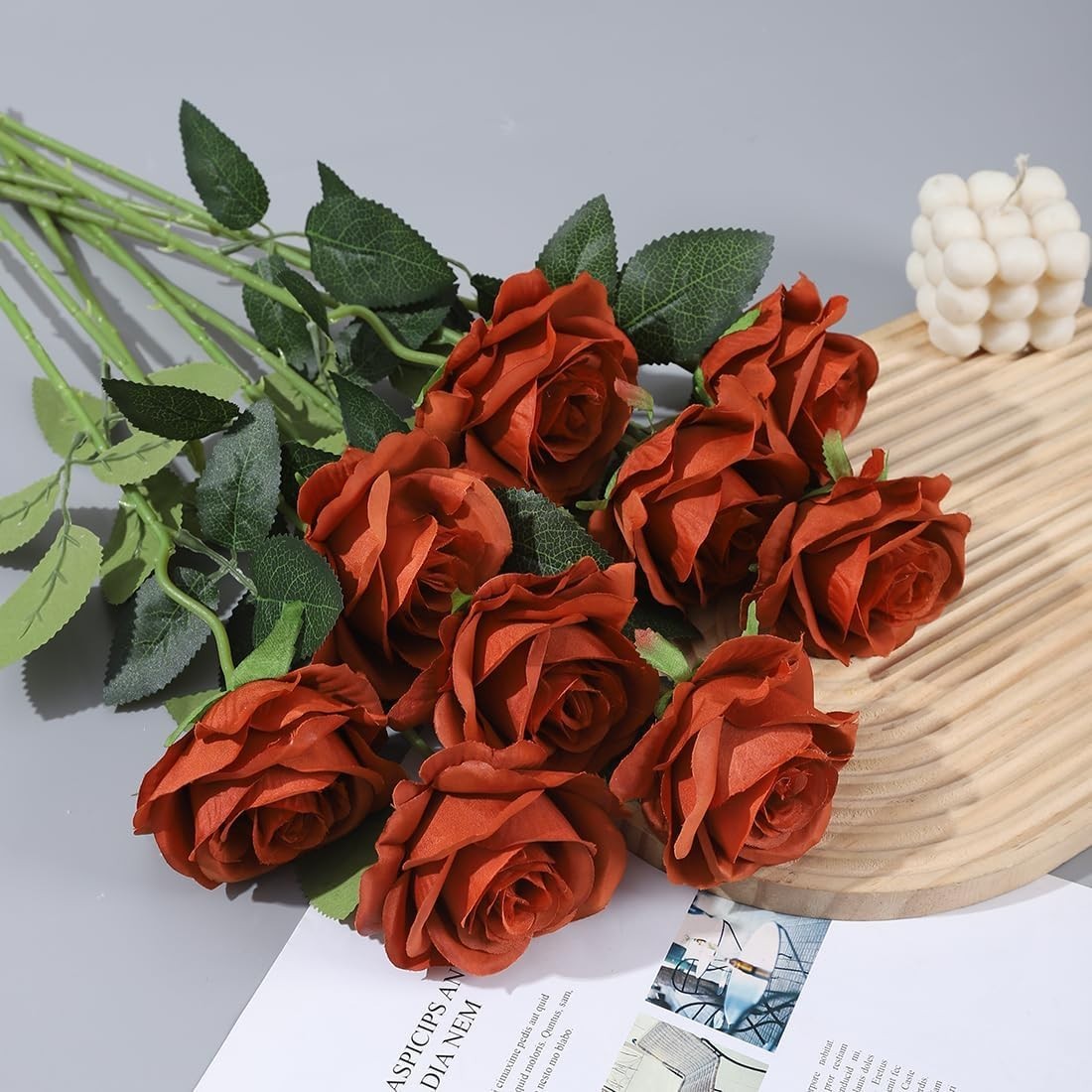 12 PCS Artificial Silk Roses for Home Wedding Decor, Brown and Orange Flowers